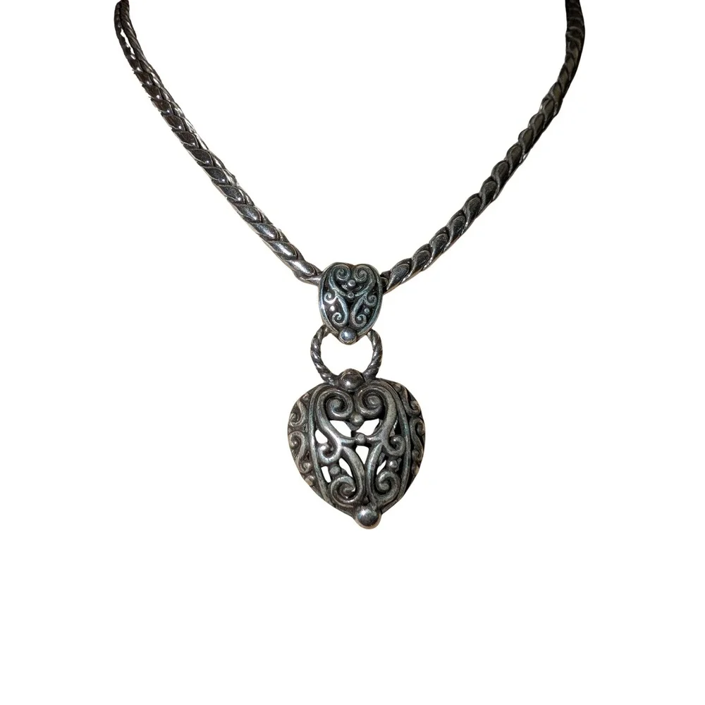 Brighton Silver Filigree Heart Pendant Necklace Braided Wheat Chain 18 Inch‎